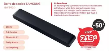 Oferta de Samsung - Barra De Sonido HWS60D por 219€ en Mi electro