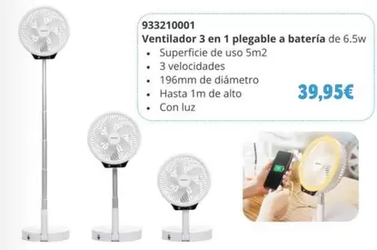 Oferta de 933210001 Ventilador 3 En 1 Plegable A Batería  por 39,95€ en Coinfer