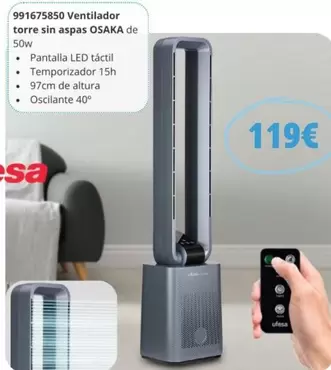 Oferta de Osaka - Ventilador Torre Sin Aspas por 119€ en Coinfer