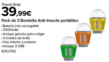 Oferta de Pack De 3 Bombilla Anti Insecto Portatiles por 39,99€ en Costco
