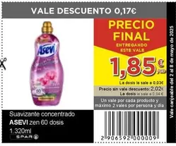 Oferta de Asevi - Suavizante Concentrado Zen 60 Dosis por 1,85€ en SPAR