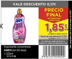 Oferta de Asevi - Suavizante Concentrado Zen 60 Dosis por 1,85€ en SPAR