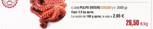 Oferta de Polpo Entero Cocido por 26,5€ en Abordo