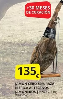 Oferta de Jamón Cebo 50% Raza Ibérica Artesanos Jamoneros por 135€ en Supermercados MAS