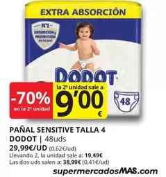 Oferta de Dodot - Panal Sensitive Talla 4 por 29,99€ en Supermercados MAS
