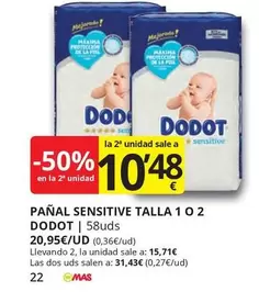 Oferta de Dodot - Panal Sensitive Talla 1 O 2 por 15,71€ en Supermercados MAS
