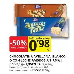 Oferta de Tirma - Chocolatina Avellana, Blanco O Con Leche Ambrosia por 1,95€ en Supermercados MAS