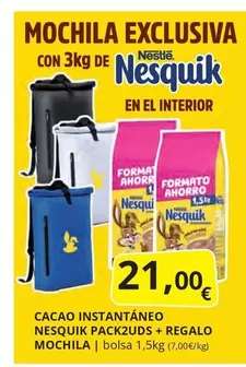 Oferta de Nesquik - Cacao Instantáneo Pack2uds + Regalo Mochila por 21€ en Supermercados MAS