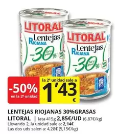 Oferta de Litoral - Lentejas Riojanas 30%grasas por 2,85€ en Supermercados MAS