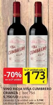 Oferta de Viña Cumbrero - Vino Rioja por 3,74€ en Supermercados MAS