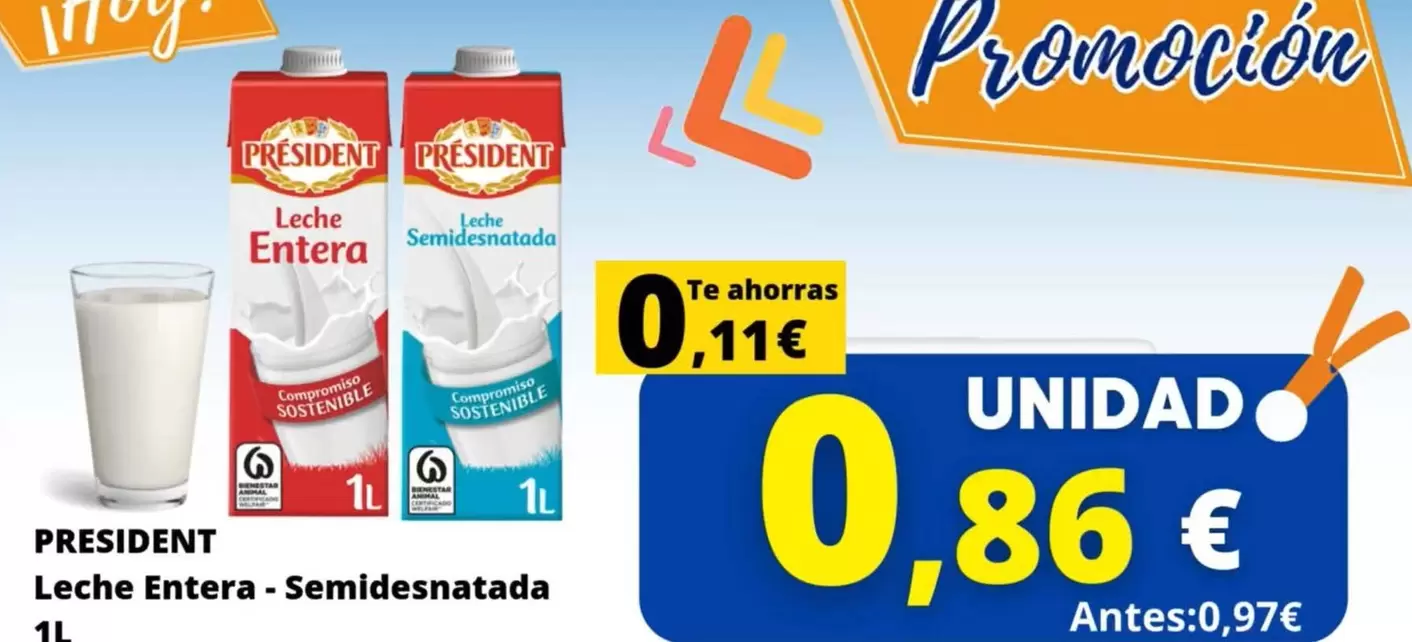 Oferta de Président - Leche Entera/ Semidesnatada por 0,86€ en Cash Jesuman