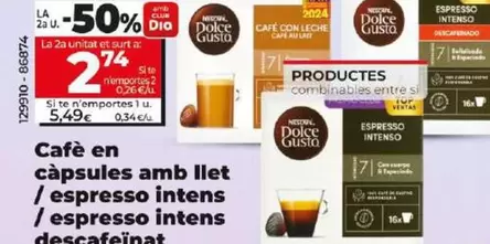 Oferta de Dolce Gusto - Café En Cápsulas Con Leche/Espresso Intenso/Espresso Intenso Descafeinado por 5,49€ en Dia