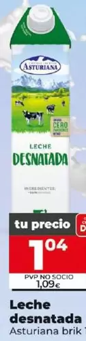 Oferta de Asturiana - Leche Desnatada Brik 1 L por 1,04€ en Dia