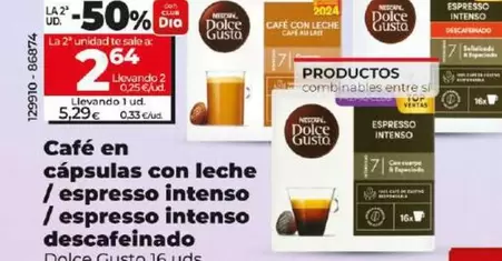 Oferta de Dolce Gusto - Café En Cápsulas Con Leche/Espresso Intenso/Espresso Intenso Descafeinado por 5,29€ en Dia