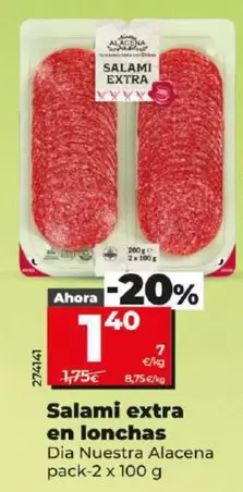 Oferta de Dia Nuestra Alacena - Salami Extra En Lonchas  Pack-2 X 100 G por 1,4€ en Dia