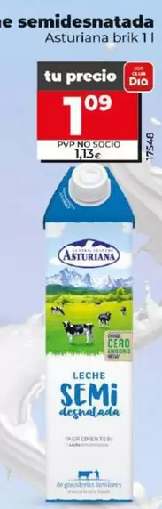 Oferta de Asturiana - Leche Semidesnatada  por 1,09€ en Dia