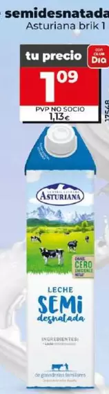 Oferta de Asturiana - Leche Semidesnatada por 1,09€ en Dia