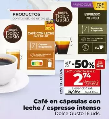 Oferta de Dolce Gusto - Café En Cápsulas Con Leche/Espresso Intenso por 5,49€ en Dia