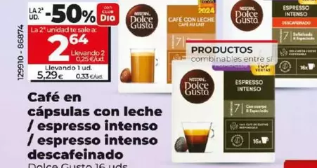 Oferta de Dolce Gusto - Café En Cápsulas Con Leche/Espresso Intenso/Espresso Intenso Descafeinado por 5,29€ en Dia