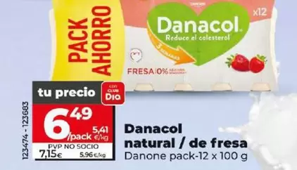 Oferta de Danone -  Danacol De Fresa Pack-12 X 100 G por 6,49€ en Dia