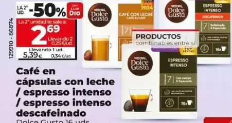 Oferta de Dolce Gusto - Cafe En Capsulas Con Leche / Espresso Intenso / Espresso Intenso Descafeinado por 5,39€ en Dia