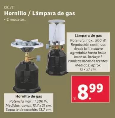 Oferta de Crivit - Hornillo/Lámpara De Gas por 8,99€ en Lidl