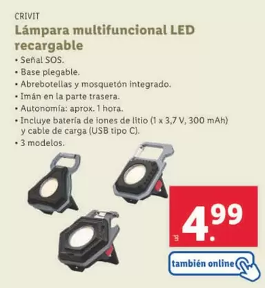 Oferta de Crivit - Lámpara Multifuncional LED Recargable  por 4,99€ en Lidl