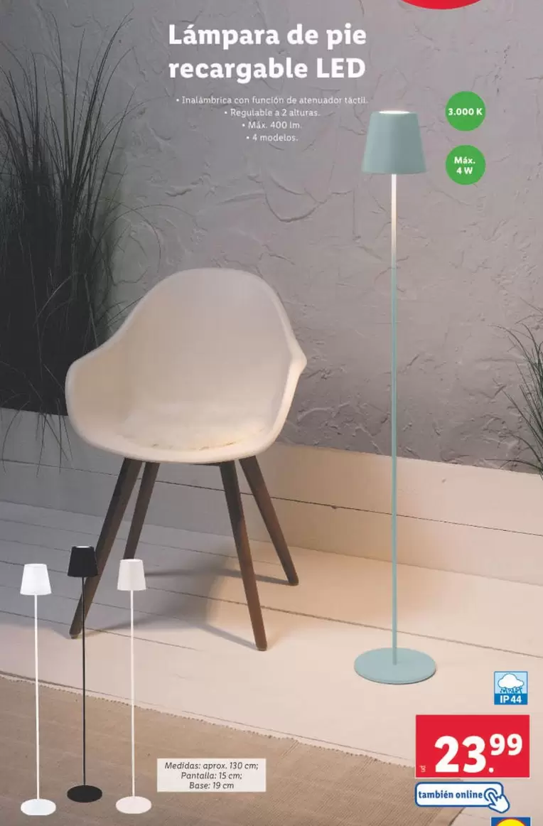 Oferta de Lámpara De Pie Recargable LED por 23,99€ en Lidl