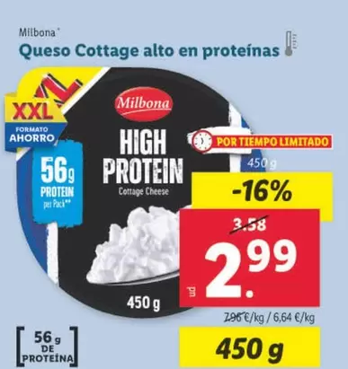 Oferta de Milbona - Queso Cottage Alto En Proteínas  por 2,99€ en Lidl