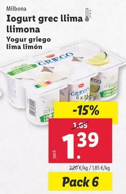 Oferta de Milbona - Yogur Griego Lima Limon por 1,39€ en Lidl