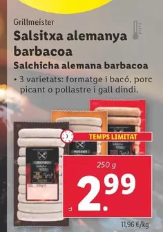 Oferta de Grillmeister - Salchicha Alemana Barbacoa por 2,99€ en Lidl