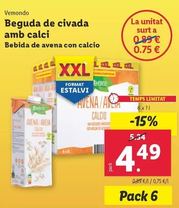 Oferta de Vemondo - Bebida De Avena Con Calcio por 4,49€ en Lidl