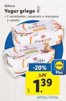 Oferta de Milbona - Yogur Griego por 1,39€ en Lidl