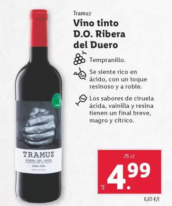 Oferta de Tramuz - Vino Tinto D.O. Ribera Del Duero por 4,99€ en Lidl