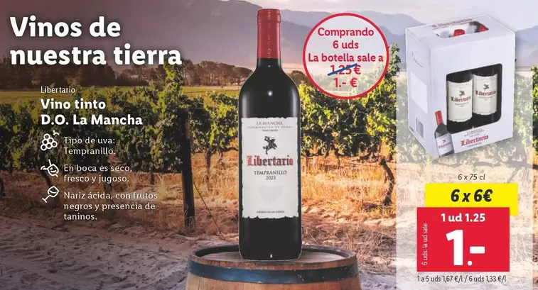 Oferta de Livarno - Vino Tinto D.O. La Mancha por 1,25€ en Lidl