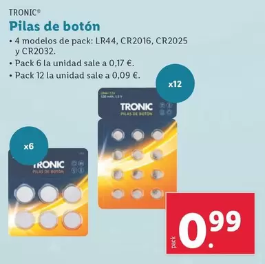 Oferta de Tronic - Pilas De Botón por 0,99€ en Lidl