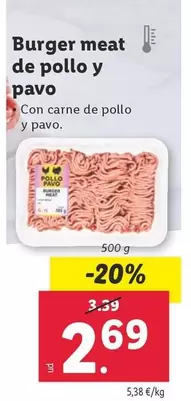 Oferta de Burger Meat De Pollo Y Pavo por 2,69€ en Lidl