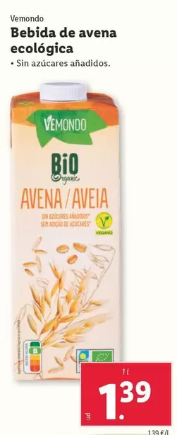 Oferta de Vemondo - Bebida De Avena Ecológica  por 1,39€ en Lidl