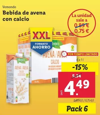 Oferta de Vemondo - Bebida De Avena Con Calcio por 4,49€ en Lidl