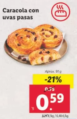 Oferta de Caracola Con Uvas Pasas por 0,59€ en Lidl