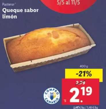 Oferta de Pasteror - Queque Sabor Limón  por 2,19€ en Lidl