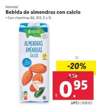 Oferta de Vemondo - Bebida De Almendras Con Calcio por 0,95€ en Lidl