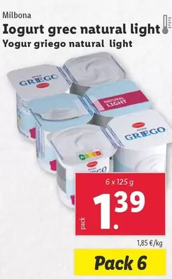 Oferta de Milbona - Yogur Griego Natural Light por 1,39€ en Lidl