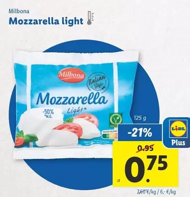 Oferta de Milbona - Mozzarella Light por 0,75€ en Lidl