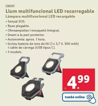 Oferta de Crivit - Lámpara Multifuncional LED Recargable por 4,99€ en Lidl