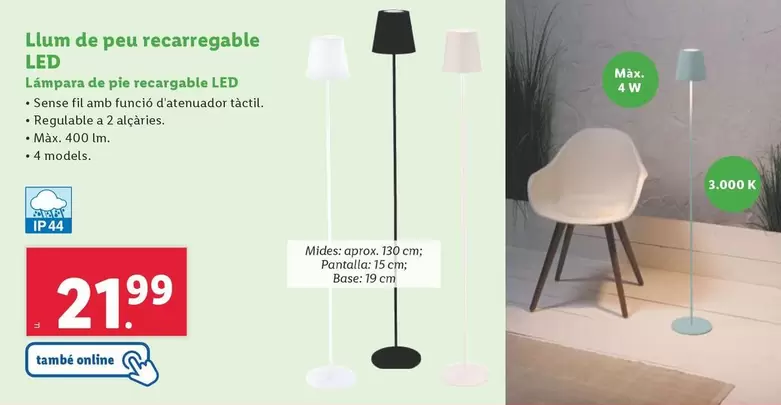 Oferta de Lámpara De Pie Recargable Led por 21,99€ en Lidl