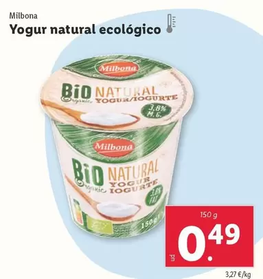 Oferta de Milbona - Yogur Natural Ecológico por 0,49€ en Lidl