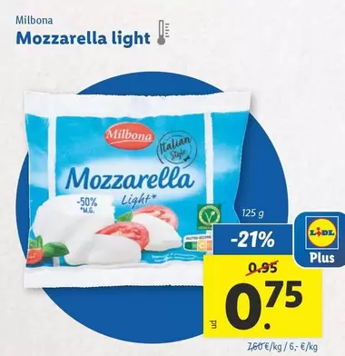 Oferta de Milbona - Mozzarella Light por 0,75€ en Lidl