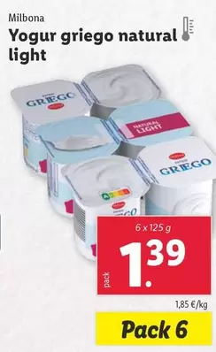 Oferta de Milbona - Yogur Griego Natural Light por 1,39€ en Lidl