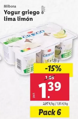 Oferta de Milbona - Yogur griego Lima Limon por 1,39€ en Lidl